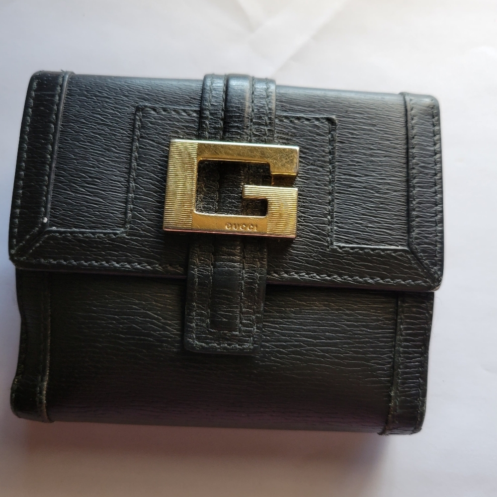 GUCCI Tri-fold Black Wallet  With Gold Hardware & A Box